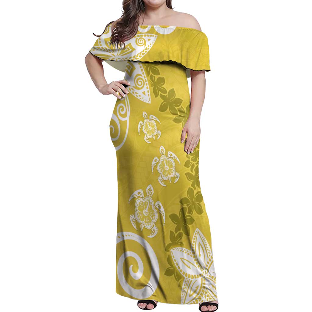 Polynesia Off Shoulder Maxi Dress Yellow Tribal Turtle Floral Pattern