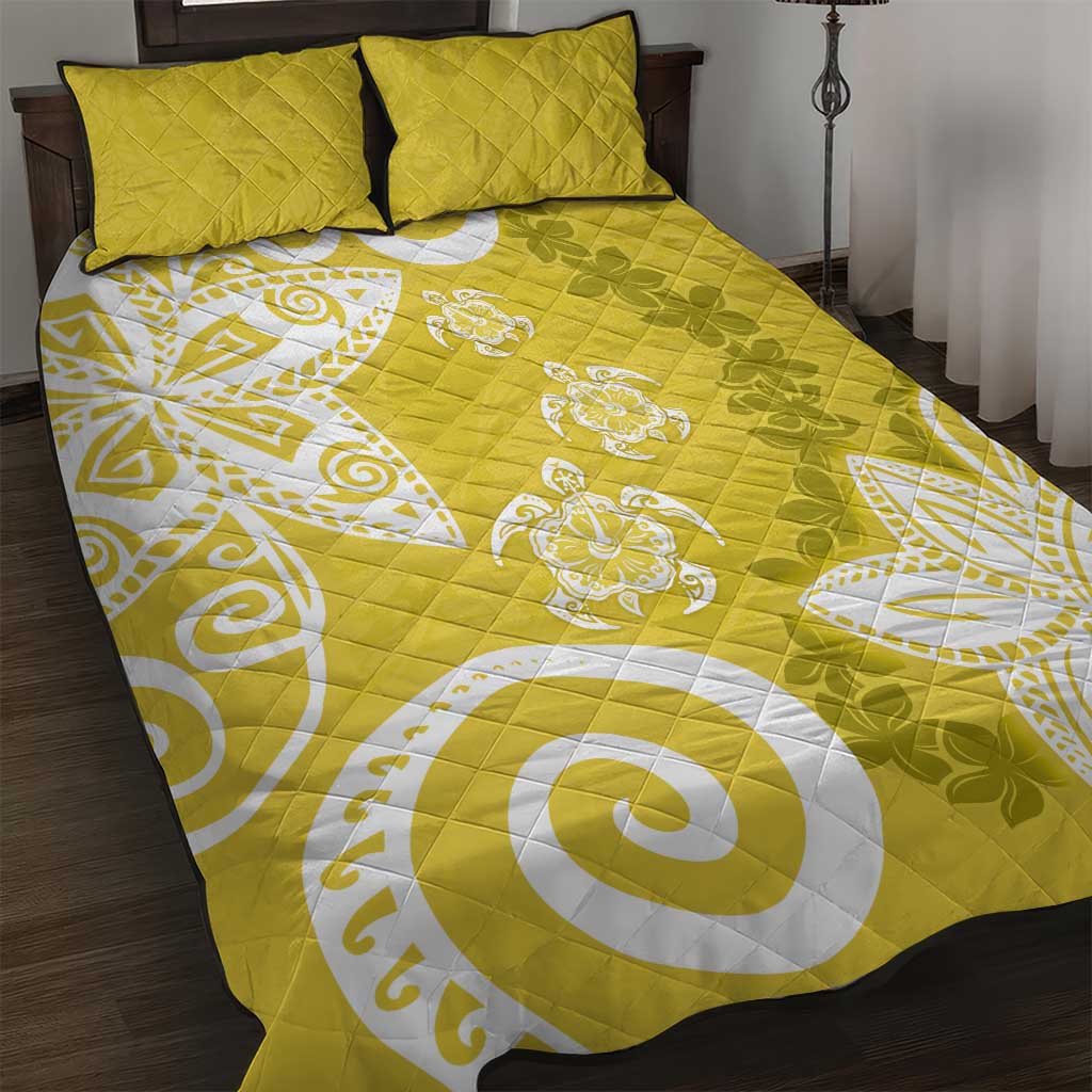 Polynesia Quilt Bed Set Yellow Tribal Turtle Floral Pattern