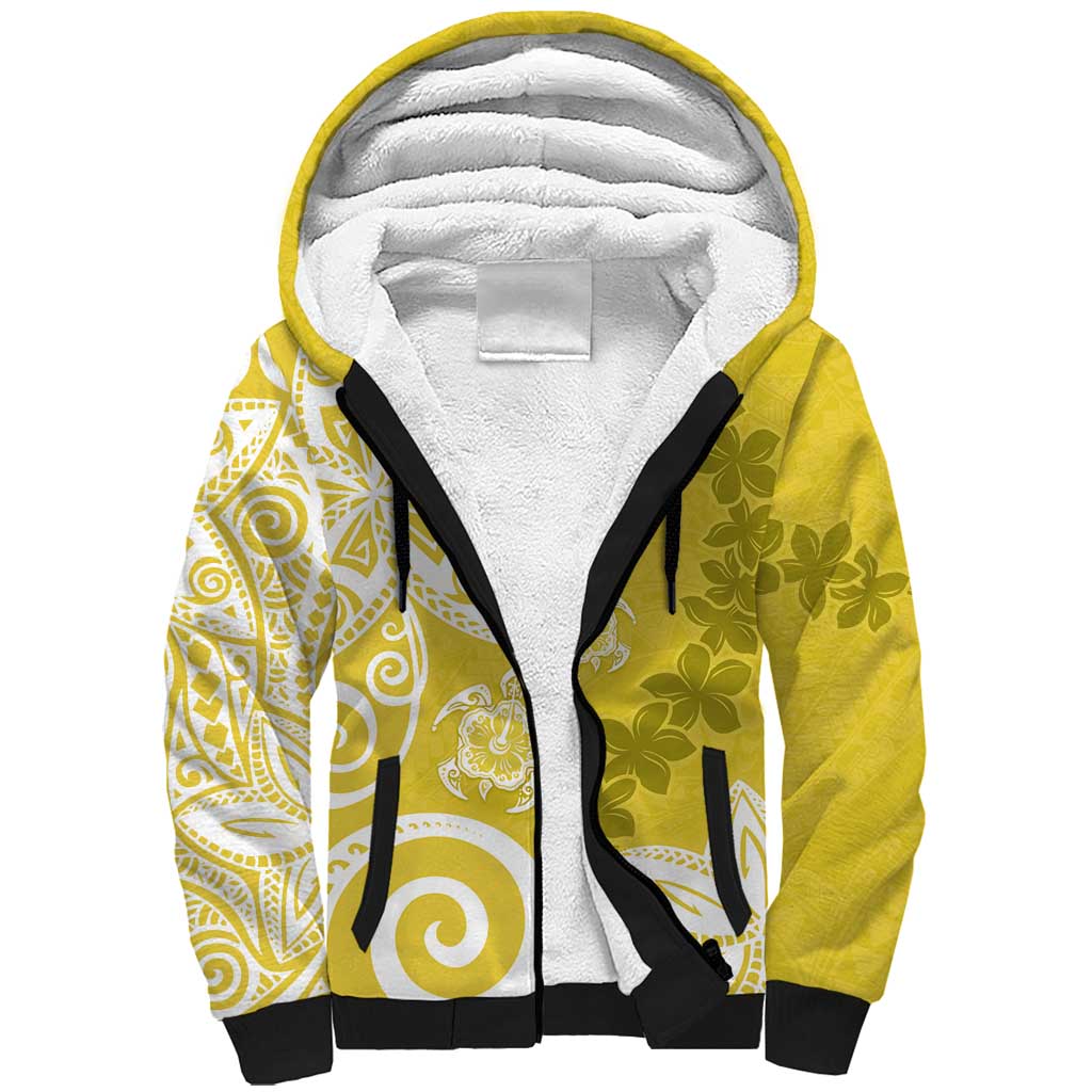 Polynesia Sherpa Hoodie Yellow Tribal Turtle Floral Pattern