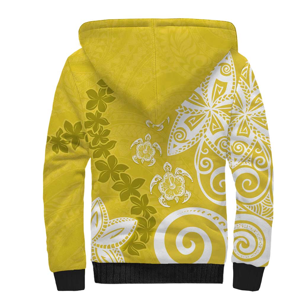Polynesia Sherpa Hoodie Yellow Tribal Turtle Floral Pattern