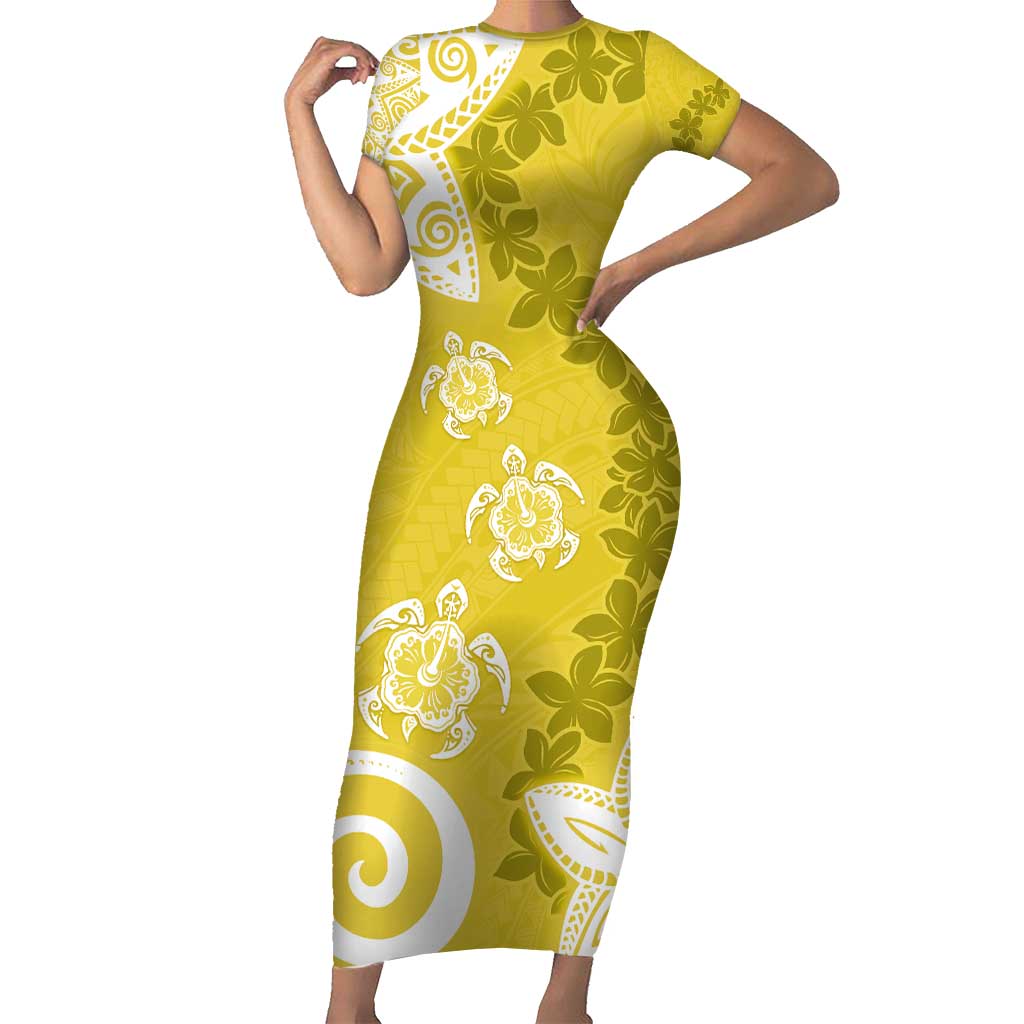 Polynesia Short Sleeve Bodycon Dress Yellow Tribal Turtle Floral Pattern