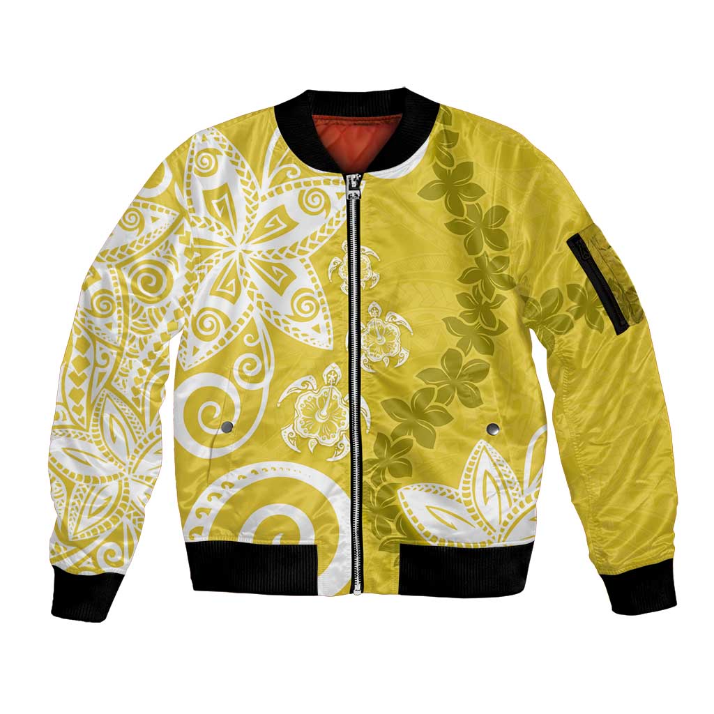 Polynesia Sleeve Zip Bomber Jacket Yellow Tribal Turtle Floral Pattern