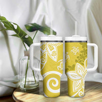 Polynesia Tumbler With Handle Yellow Tribal Turtle Floral Pattern