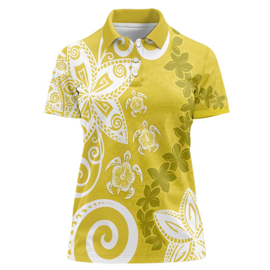Polynesia Women Polo Shirt Yellow Tribal Turtle Floral Pattern