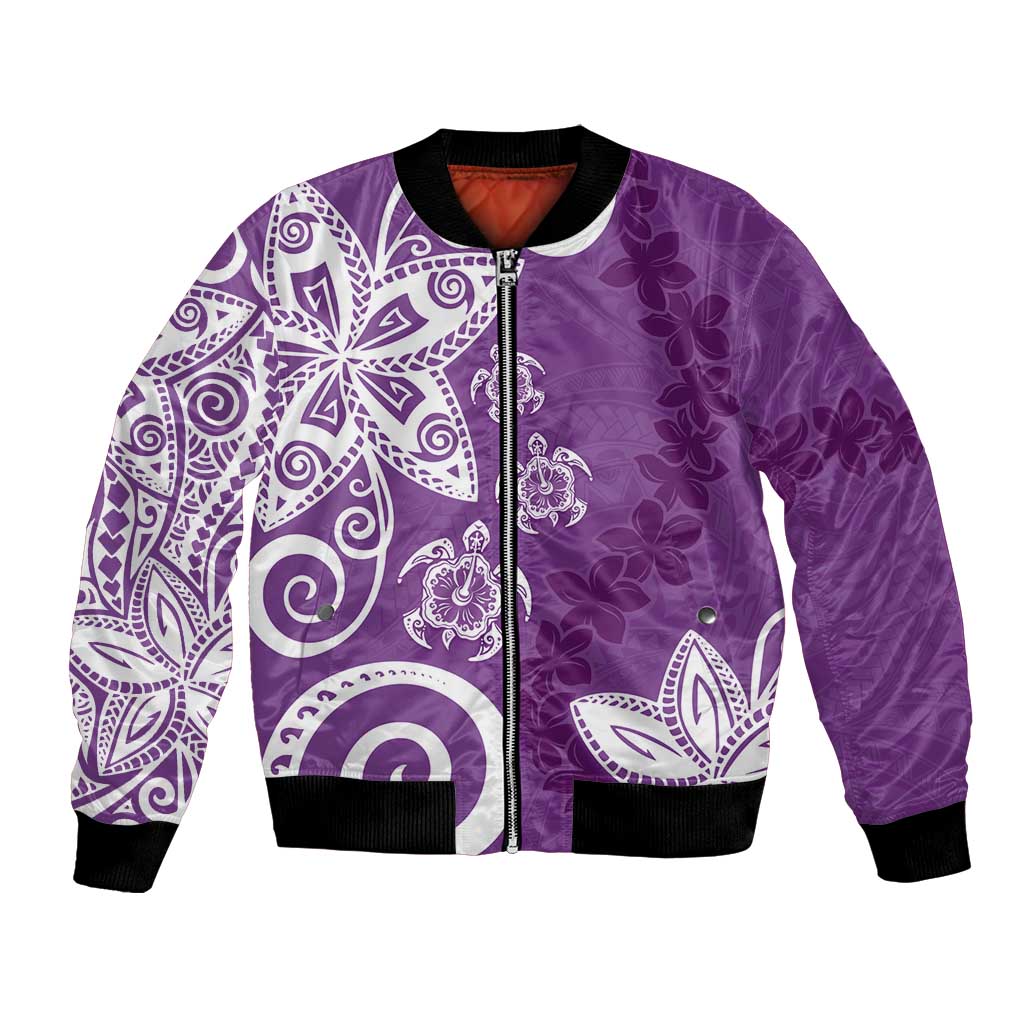 Polynesia Bomber Jacket Purple Tribal Turtle Floral Pattern LT05 Unisex Purple - Polynesian Pride