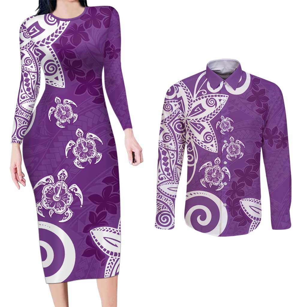 Polynesia Couples Matching Long Sleeve Bodycon Dress and Long Sleeve Button Shirt Purple Tribal Turtle Floral Pattern