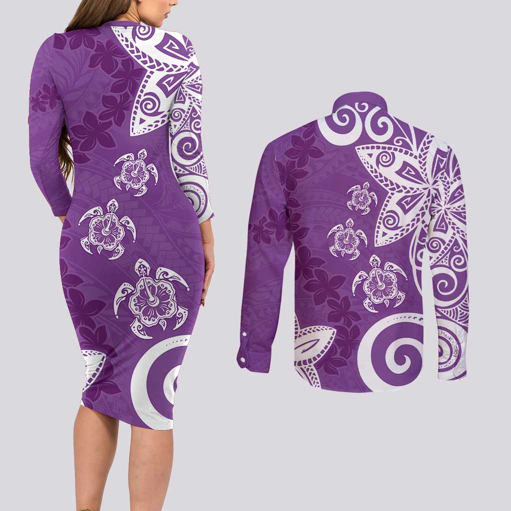 Polynesia Couples Matching Long Sleeve Bodycon Dress and Long Sleeve Button Shirt Purple Tribal Turtle Floral Pattern