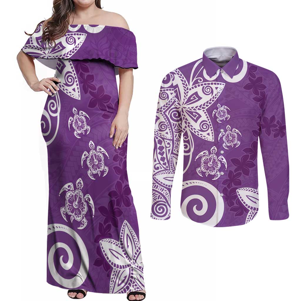 Polynesia Couples Matching Off Shoulder Maxi Dress and Long Sleeve Button Shirt Purple Tribal Turtle Floral Pattern