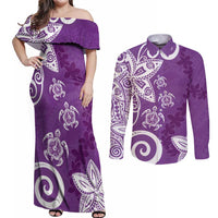 Polynesia Couples Matching Off Shoulder Maxi Dress and Long Sleeve Button Shirt Purple Tribal Turtle Floral Pattern