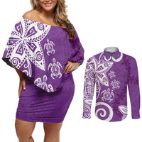 Polynesia Couples Matching Off Shoulder Short Dress and Long Sleeve Button Shirt Purple Tribal Turtle Floral Pattern