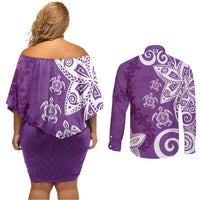 Polynesia Couples Matching Off Shoulder Short Dress and Long Sleeve Button Shirt Purple Tribal Turtle Floral Pattern