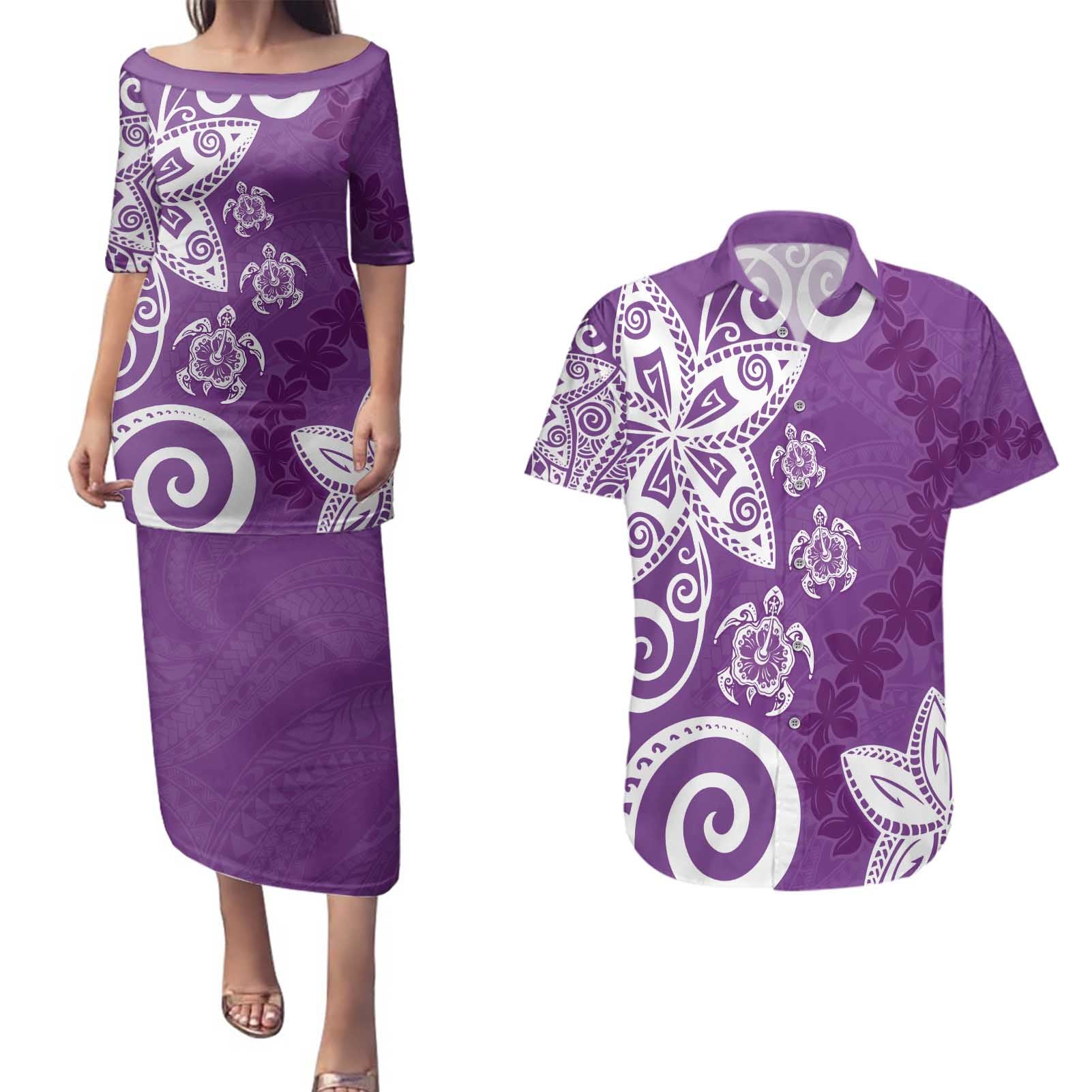 Polynesia Couples Matching Puletasi and Hawaiian Shirt Purple Tribal Turtle Floral Pattern