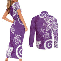 Polynesia Couples Matching Short Sleeve Bodycon Dress and Long Sleeve Button Shirt Purple Tribal Turtle Floral Pattern