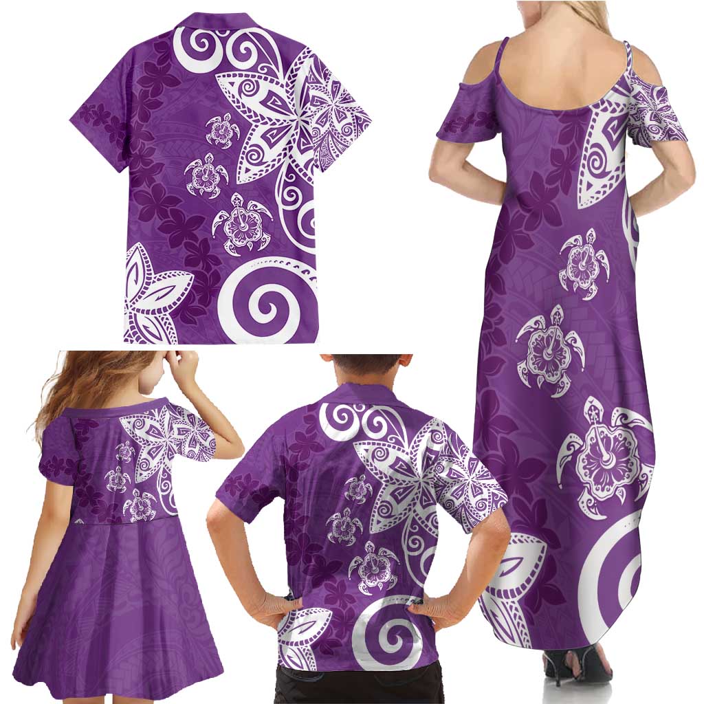 Polynesia Family Matching Summer Maxi Dress and Hawaiian Shirt Purple Tribal Turtle Floral Pattern