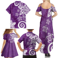 Polynesia Family Matching Summer Maxi Dress and Hawaiian Shirt Purple Tribal Turtle Floral Pattern