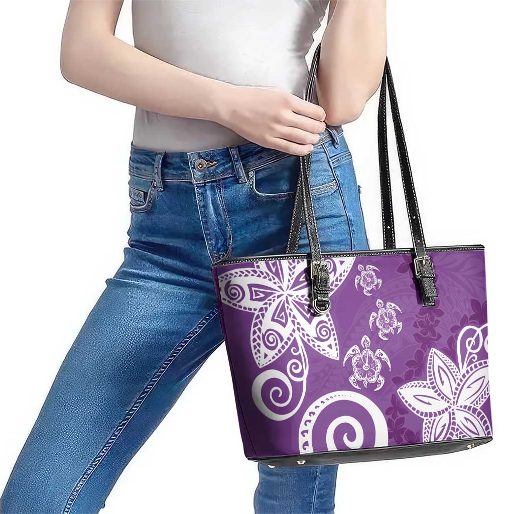 Polynesia Leather Tote Bag Purple Tribal Turtle Floral Pattern