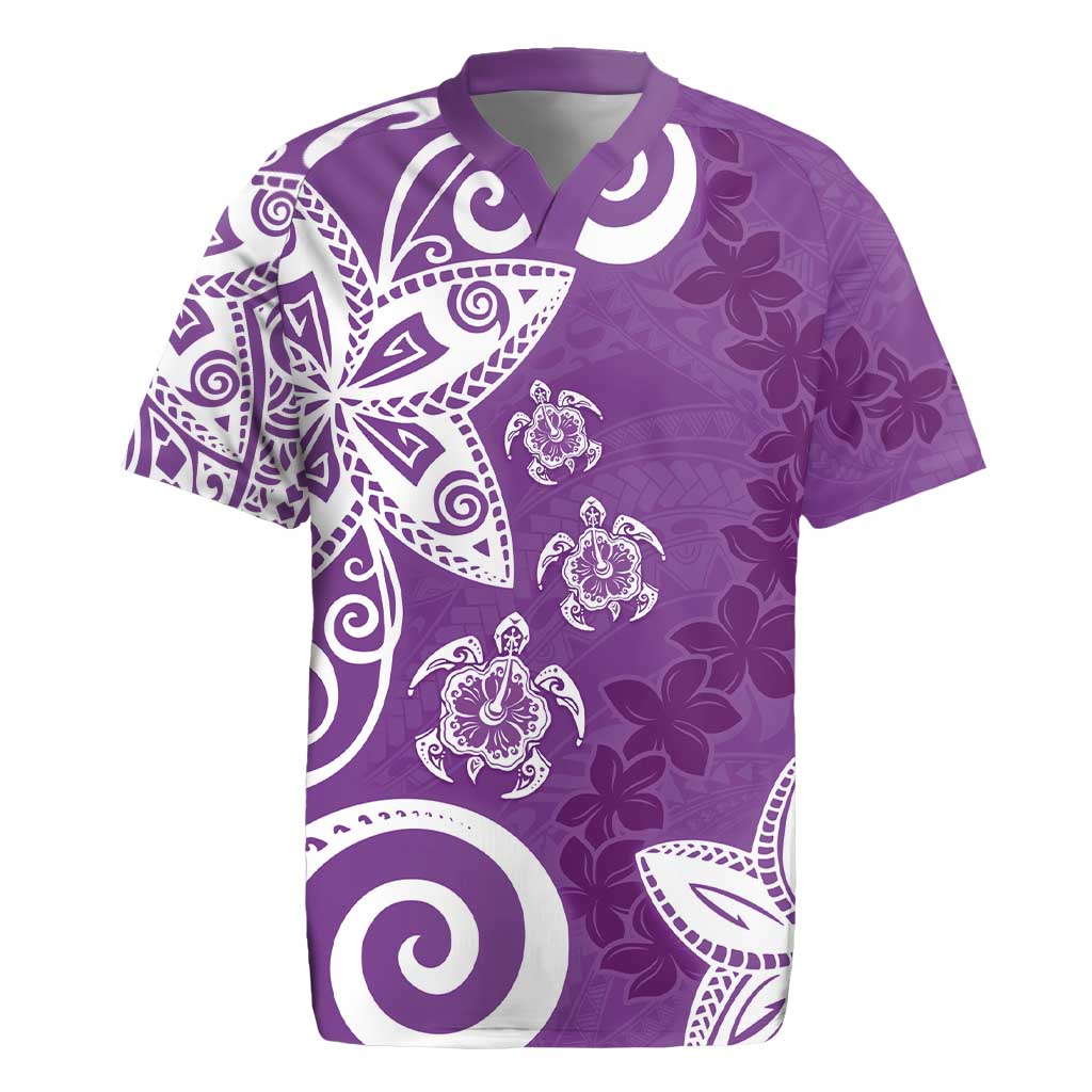 Polynesia Rugby Jersey Purple Tribal Turtle Floral Pattern