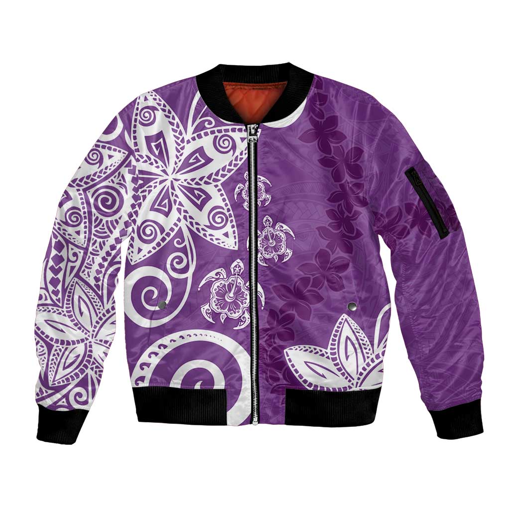 Polynesia Sleeve Zip Bomber Jacket Purple Tribal Turtle Floral Pattern LT05 Unisex Purple - Polynesian Pride