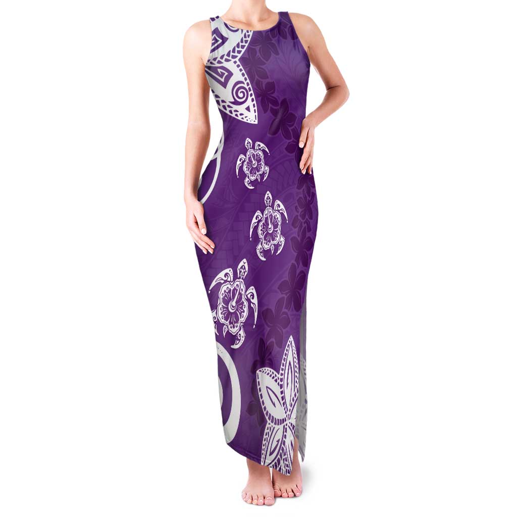 Polynesia Tank Maxi Dress Purple Tribal Turtle Floral Pattern