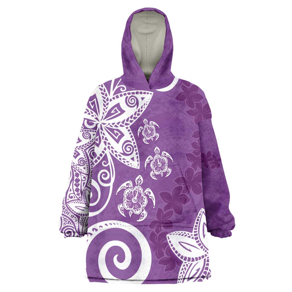 Polynesia Wearable Blanket Hoodie Purple Tribal Turtle Floral Pattern