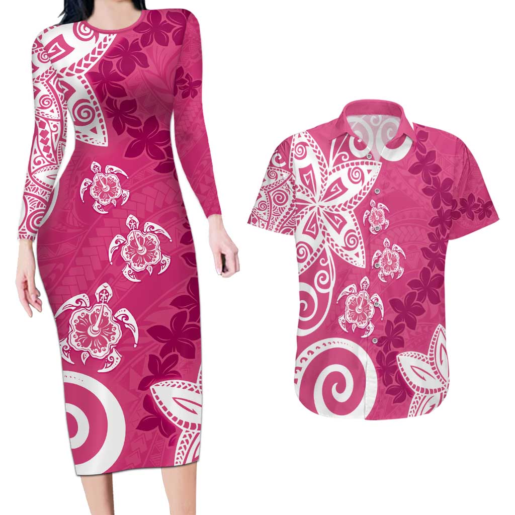 Polynesia Couples Matching Long Sleeve Bodycon Dress and Hawaiian Shirt Pink Tribal Turtle Floral Pattern