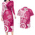 Polynesia Couples Matching Long Sleeve Bodycon Dress and Hawaiian Shirt Pink Tribal Turtle Floral Pattern