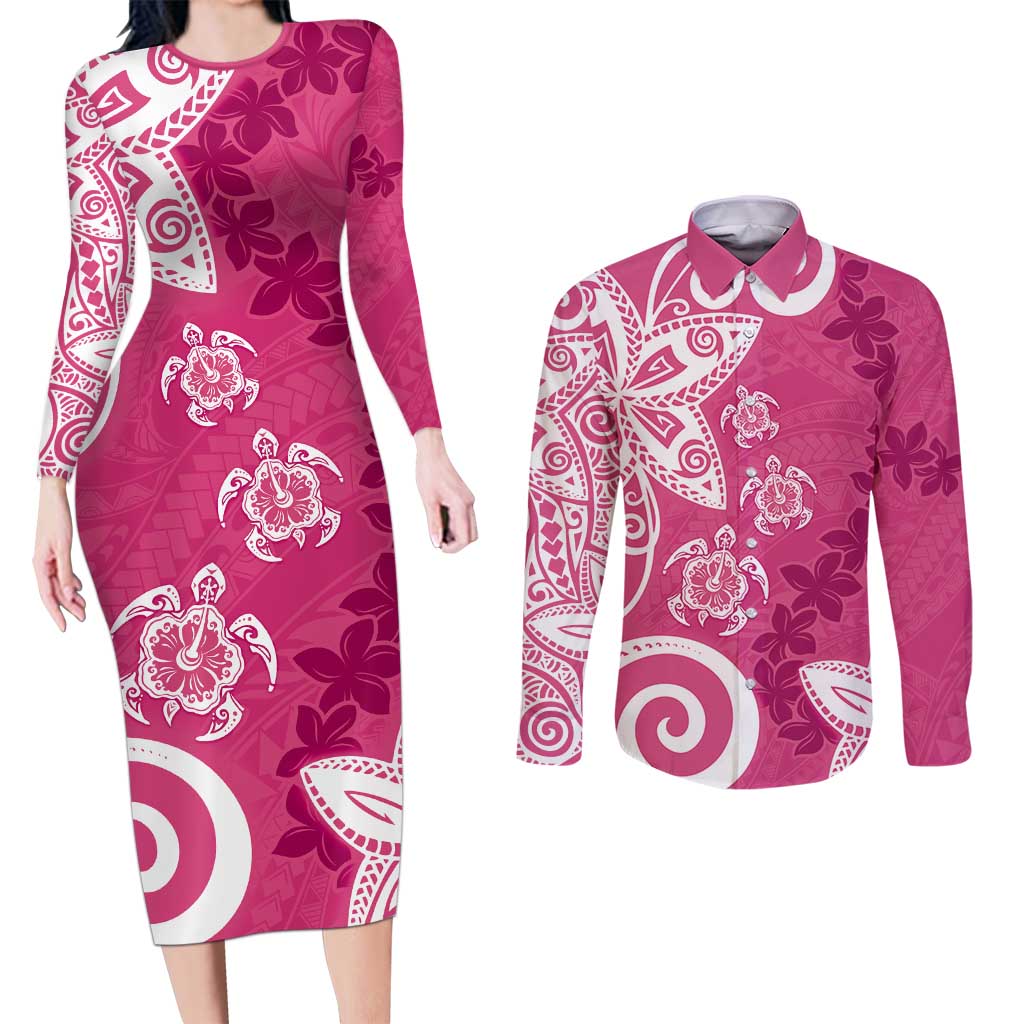Polynesia Couples Matching Long Sleeve Bodycon Dress and Long Sleeve Button Shirt Pink Tribal Turtle Floral Pattern