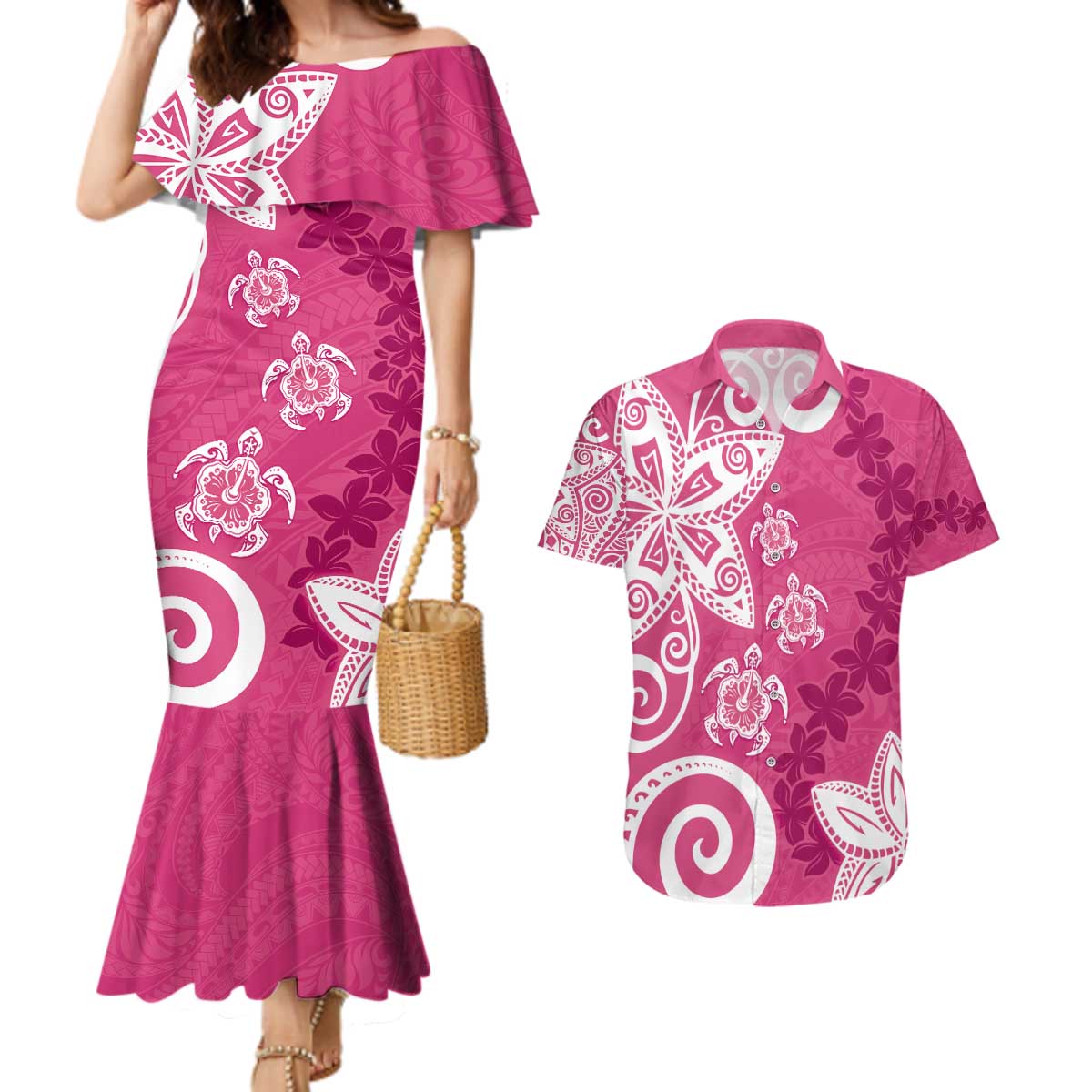 Polynesia Couples Matching Mermaid Dress and Hawaiian Shirt Pink Tribal Turtle Floral Pattern