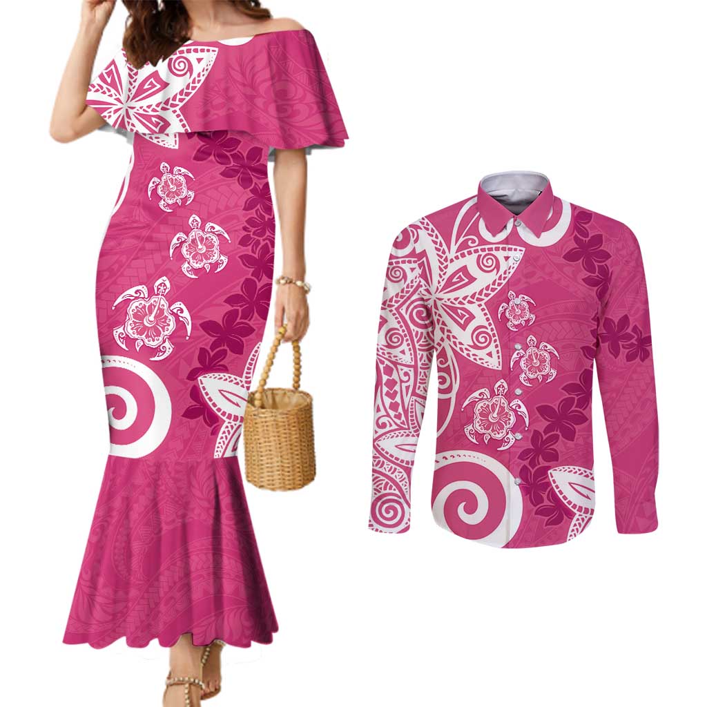 Polynesia Couples Matching Mermaid Dress and Long Sleeve Button Shirt Pink Tribal Turtle Floral Pattern