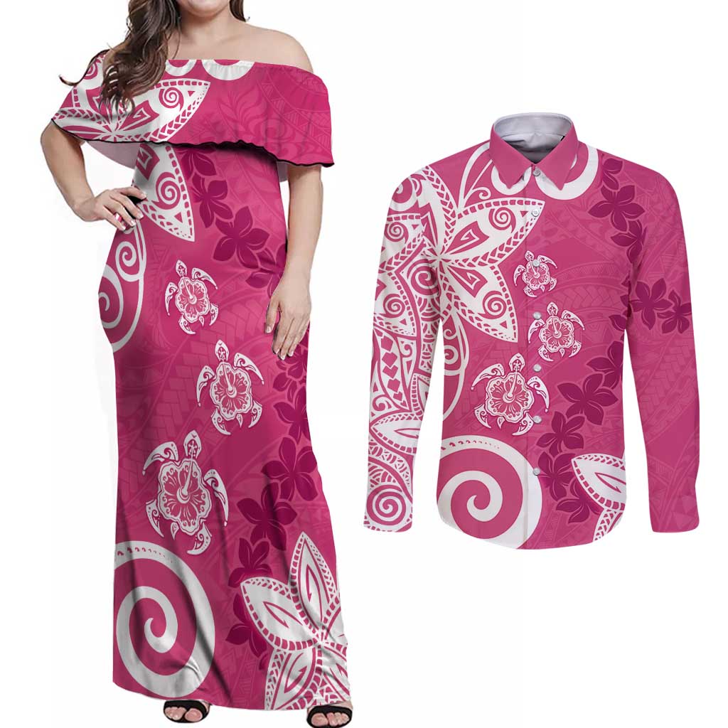 Polynesia Couples Matching Off Shoulder Maxi Dress and Long Sleeve Button Shirt Pink Tribal Turtle Floral Pattern