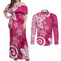 Polynesia Couples Matching Off Shoulder Maxi Dress and Long Sleeve Button Shirt Pink Tribal Turtle Floral Pattern