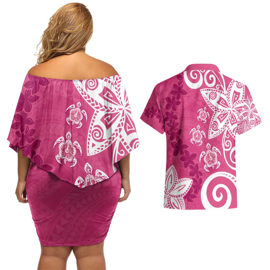 Polynesia Couples Matching Off Shoulder Short Dress and Hawaiian Shirt Pink Tribal Turtle Floral Pattern