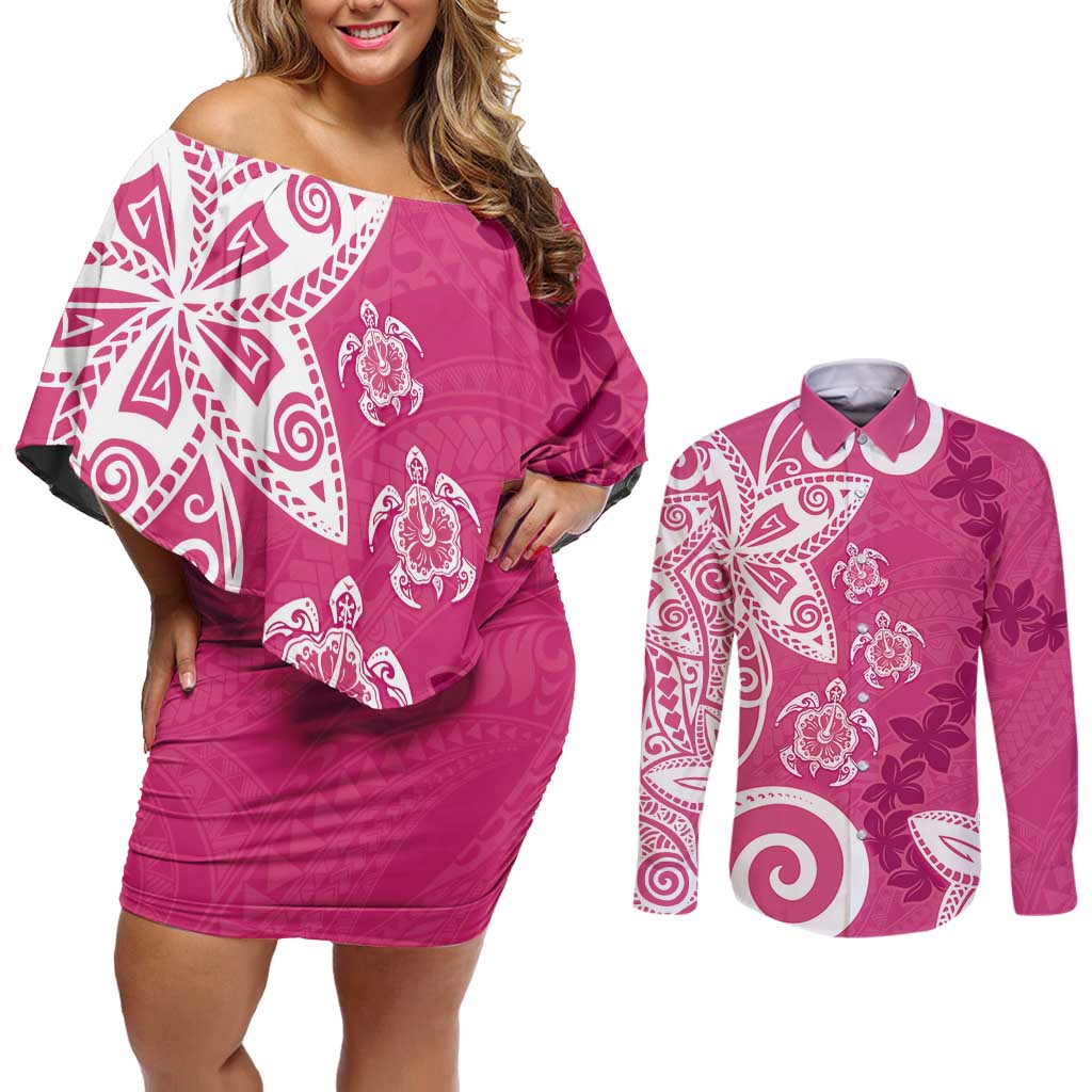 Polynesia Couples Matching Off Shoulder Short Dress and Long Sleeve Button Shirt Pink Tribal Turtle Floral Pattern