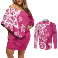 Polynesia Couples Matching Off Shoulder Short Dress and Long Sleeve Button Shirt Pink Tribal Turtle Floral Pattern
