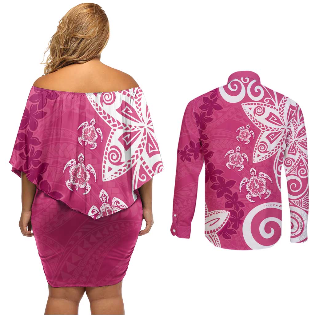 Polynesia Couples Matching Off Shoulder Short Dress and Long Sleeve Button Shirt Pink Tribal Turtle Floral Pattern