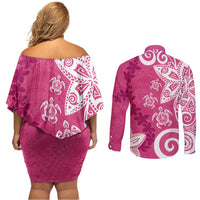 Polynesia Couples Matching Off Shoulder Short Dress and Long Sleeve Button Shirt Pink Tribal Turtle Floral Pattern