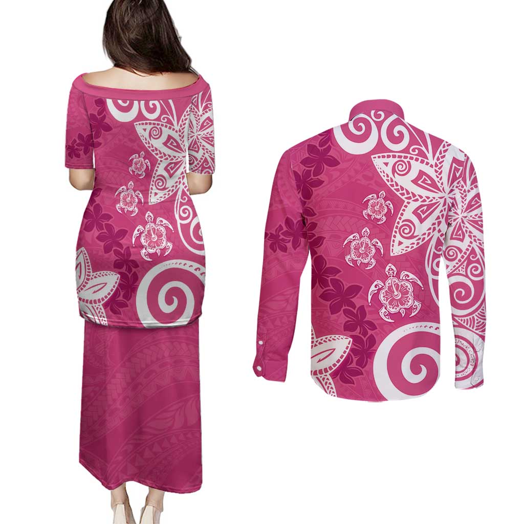 Polynesia Couples Matching Puletasi and Long Sleeve Button Shirt Pink Tribal Turtle Floral Pattern