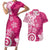 Polynesia Couples Matching Short Sleeve Bodycon Dress and Hawaiian Shirt Pink Tribal Turtle Floral Pattern