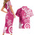 Polynesia Couples Matching Short Sleeve Bodycon Dress and Hawaiian Shirt Pink Tribal Turtle Floral Pattern