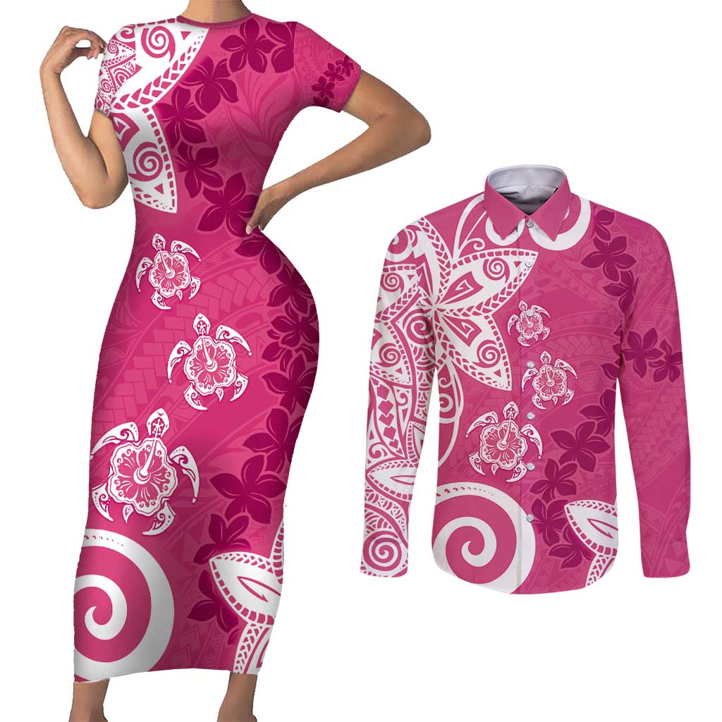 Polynesia Couples Matching Short Sleeve Bodycon Dress and Long Sleeve Button Shirt Pink Tribal Turtle Floral Pattern