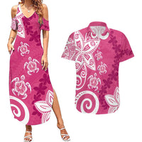 Polynesia Couples Matching Summer Maxi Dress and Hawaiian Shirt Pink Tribal Turtle Floral Pattern