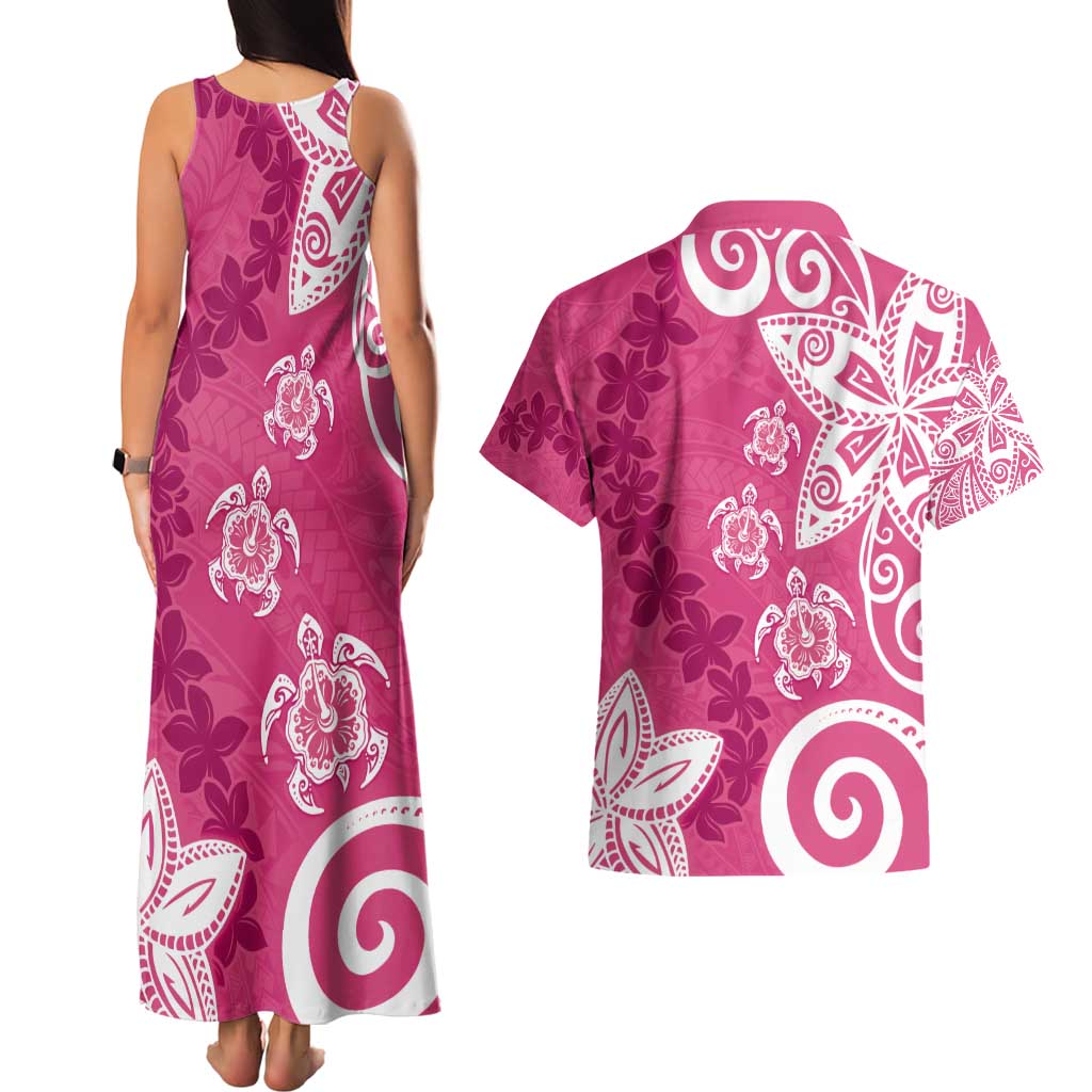 Polynesia Couples Matching Tank Maxi Dress and Hawaiian Shirt Pink Tribal Turtle Floral Pattern