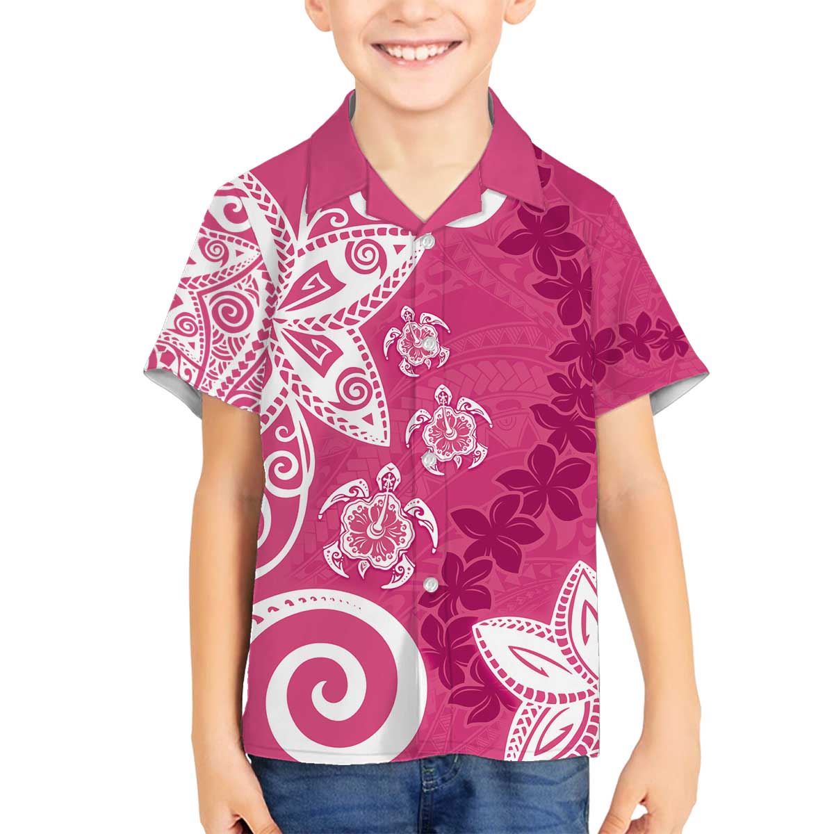 Polynesia Family Matching Off The Shoulder Long Sleeve Dress and Hawaiian Shirt Pink Tribal Turtle Floral Pattern