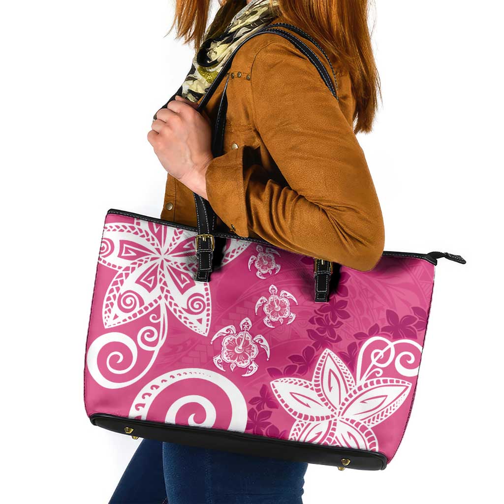 Polynesia Leather Tote Bag Pink Tribal Turtle Floral Pattern