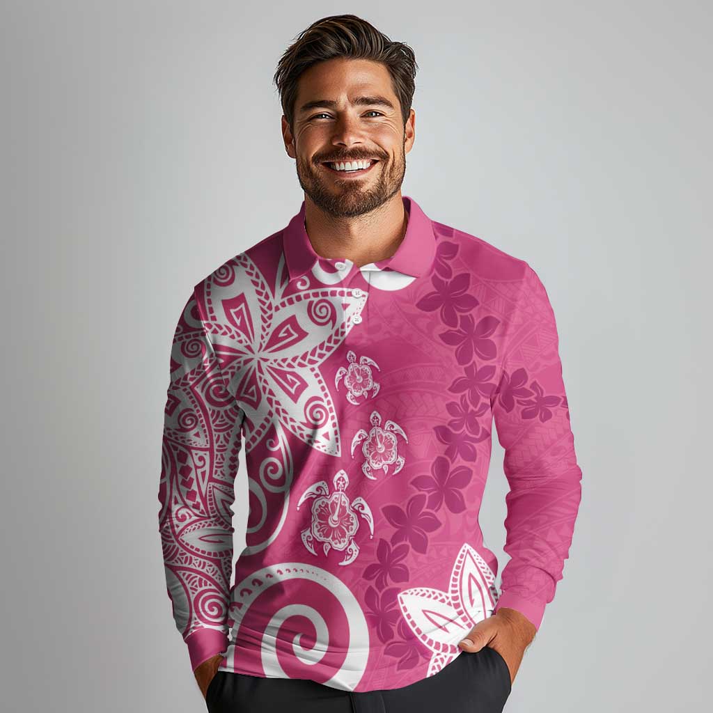 Polynesia Long Sleeve Polo Shirt Pink Tribal Turtle Floral Pattern LT05 - Polynesian Pride