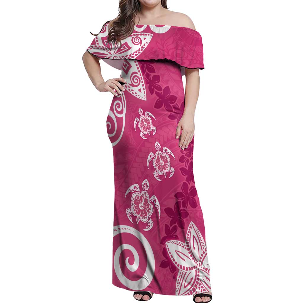 Polynesia Off Shoulder Maxi Dress Pink Tribal Turtle Floral Pattern