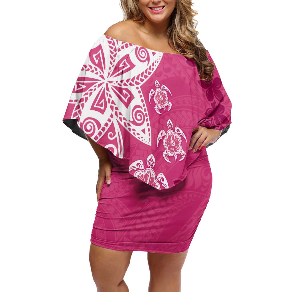 Polynesia Off Shoulder Short Dress Pink Tribal Turtle Floral Pattern