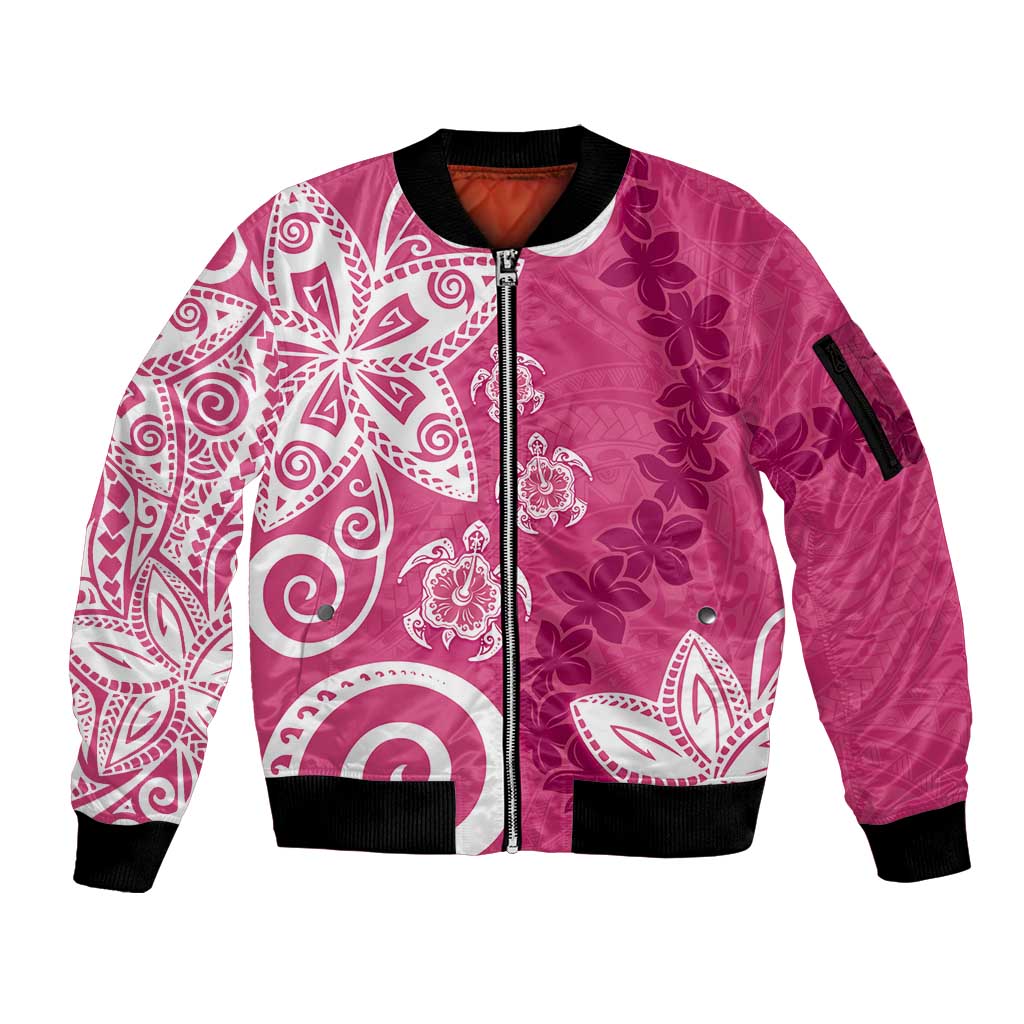 Polynesia Sleeve Zip Bomber Jacket Pink Tribal Turtle Floral Pattern LT05 Unisex Pink - Polynesian Pride