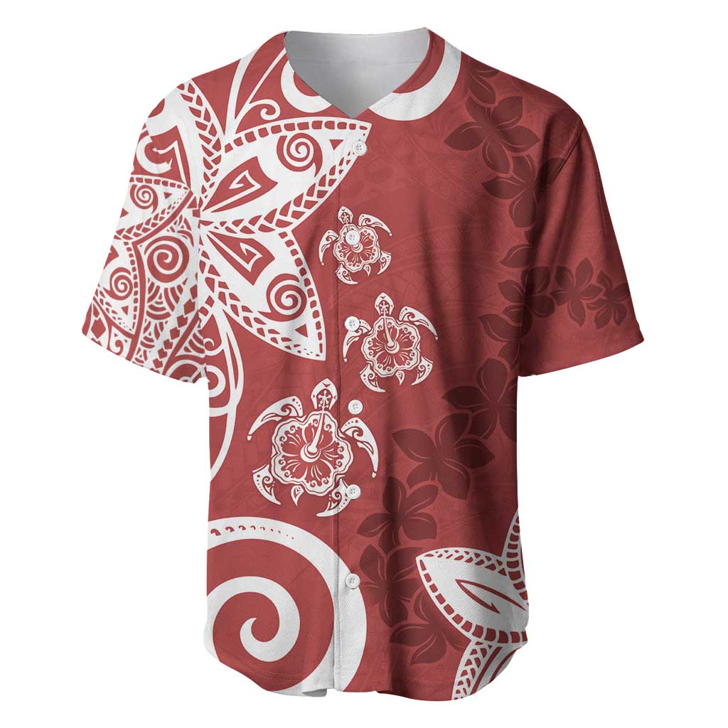 Polynesia Baseball Jersey Red Tribal Turtle Floral Pattern