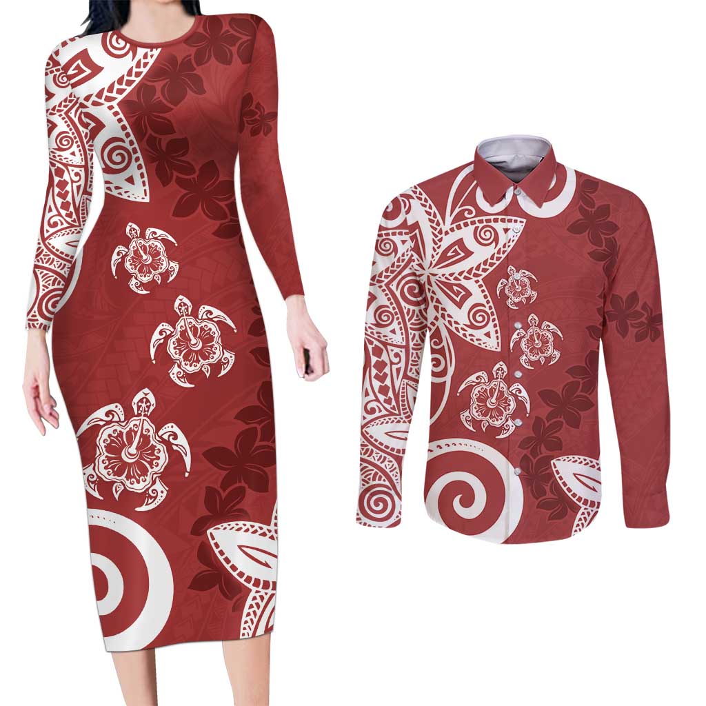 Polynesia Couples Matching Long Sleeve Bodycon Dress and Long Sleeve Button Shirt Red Tribal Turtle Floral Pattern
